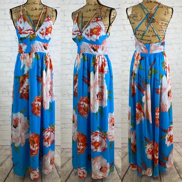 Bisou Bisou Carribean Blue Floral Strappy Maxi - Picture 1 of 1